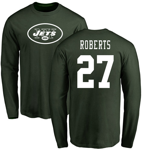 New York Jets Men Green Darryl Roberts Name and Number Logo NFL Football #27 Long Sleeve T Shirt